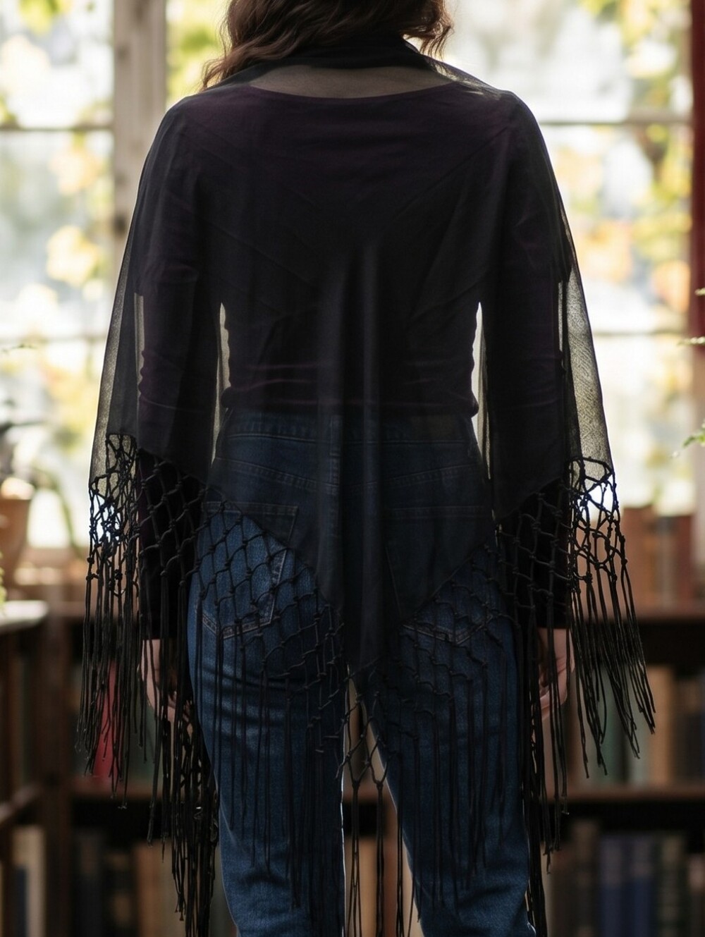 Whimsigoth Sheer Black Fringe Shawl Dark Romance Macrame Wrap Scarf